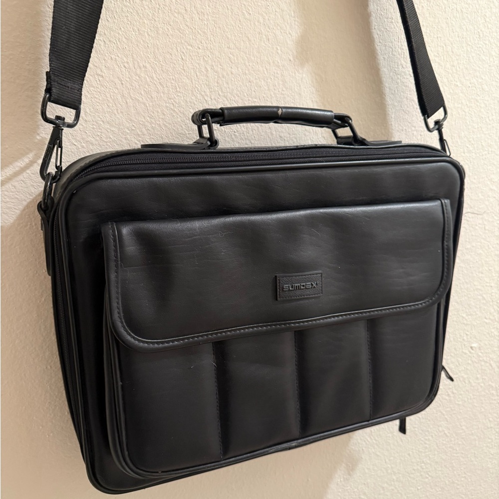 SUMDEX High Quality Thick Black Leather Shoulder Travel Laptop Messenger Bag